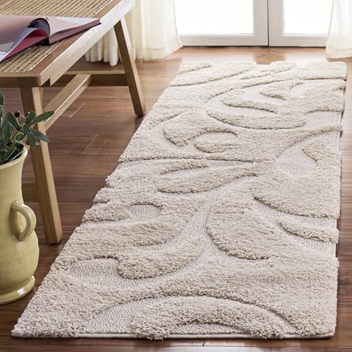 SAFAVIEH Florida Shag Collection Runner Rug - 2'3" x 7', Creme & Creme, Scroll Design, Non-Shedding & Easy Care, 1.2-inch Thick Ideal for High Traffic Areas in Living Room, Bedroom (SG468-1111)