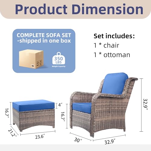 2 Pieces Patio Wicker Furniture Set, High Back Wicker Single Patio Chair Set with Ottoman, Outdoor Porch Chair with Thick Cushion for Balcony Deck Yard and Porch, Blue