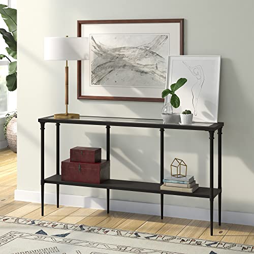 Nellie 55'' Wide Rectangular Console Table with Metal Shelf in Blackened Bronze | Two-tier design with glass top adds stylish storage and display space to entryways, hallways, living rooms, or behind sofas
