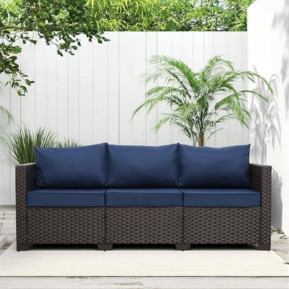 Patio Furniture 3-seat Sofa Brown Wicker Outdoor Furniture Outdoor Couch Deep Seat High Backrest Waterproof Cover Anti-Slip Washable Cushions, Navy Blue