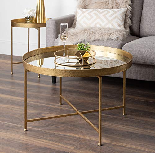 Celia Metal Foldable Round Accent Coffee Table, 28.25" x 28.25" x 19", Mirrored Surface and Gold Frame, Modern Minimalist Design and Detachable Magnetic Tabletop