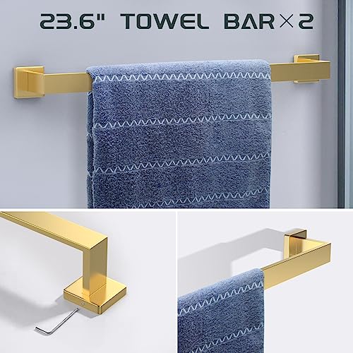 7 Piece Gold Bathroom Hardware Set with Brushed Gold Bathroom Accessories - Square 2 Towel Bars Towel Rack Stainless Steel 23-Inch