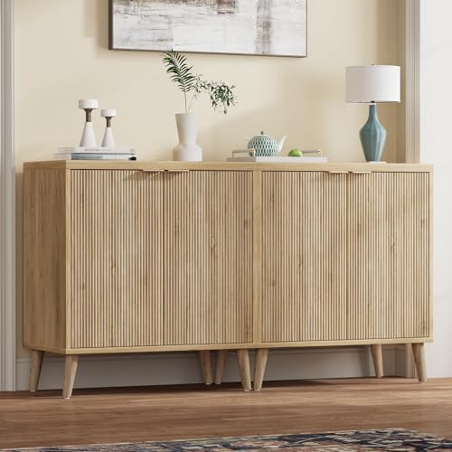 Buffet Cabinet with Storage, Modern Fluted Accent Sideboard with Doors & Adjustable Shelf, Buffet Table Entryway Cabinets for Living Room, Kitchen, Dining Room, Hallway, Natural