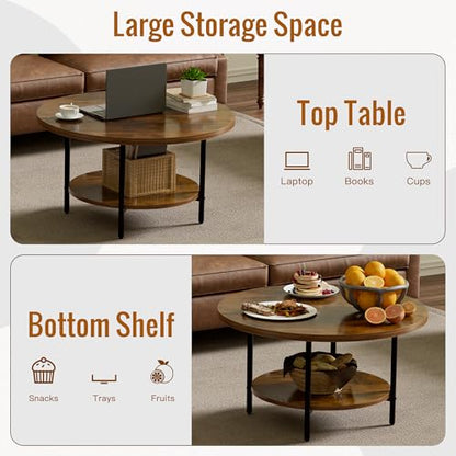Round Coffee Table, 27.6" Circle Coffee Table for Living Room, 2-Tier Wood Accent Center Table with Open Storage Industrial Design Home Furniture, Rustic Brown