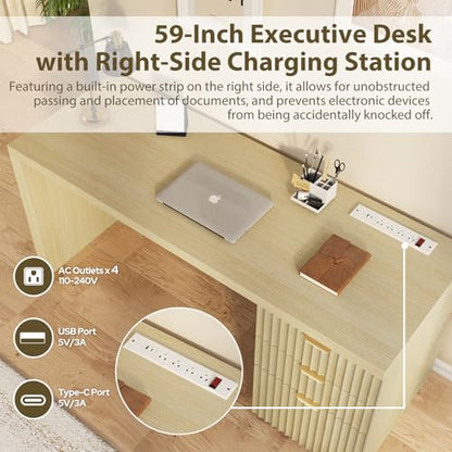 60" Fluted Executive Desk with Ample File Drawer & Large Charging Station, Wood Modern Home Office Desk with Storage, Computer Writing Desk for Work, Living Room, Bedroom, Durable & Sturdy, Natural