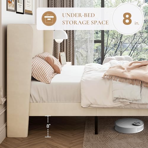 Queen Size Velvet Bed Frame with Vertical Channel Tufted Wingback Headboard, Upholstered Platform Bed with Wood Slats, No Box Spring Needed, Easy Assembly, Cream White