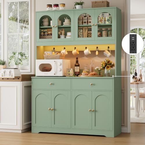 71" LED Kitchen Pantry Cabinet with Power Outlet, Tall Hutch, Green, view 3