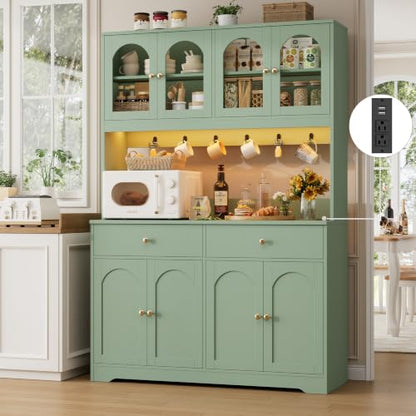 71" LED Kitchen Pantry Cabinet with Power Outlet, Tall Hutch, Green, view 3