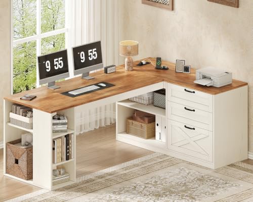 Farmhouse L Shaped Computer Desk with Drawers, Power Outlet for Home Office, view 4
