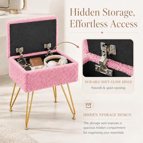 Vanity Stool with Storage, Sherpa Makeup Chair with Metal Legs, Upholstered Ottoman Seat for Bedroom, Living Room, Pink