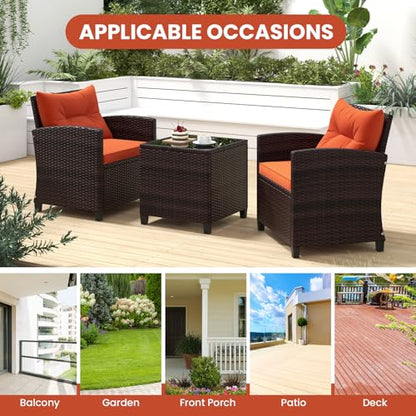 3 Pieces Patio Furniture Set, Outdoor Wicker Conversation Set Rattan Chairs with Cushions, Glass Coffee Table, Bistro Set for Front Porch Balcony Garden Deck Poolside (Orange)