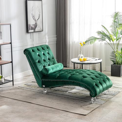Chaise Lounge Chair Indoor Emerald Velvet Upholstered Button Tufted Chaise, view 2