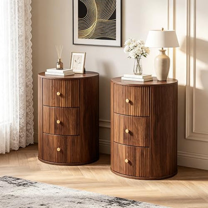 Fully Assembled Round End Table, Fluted Mid Century Side Table with 3 Storage Drawers for Living Room, Bedroom, Couch (Walnut-1 pc)