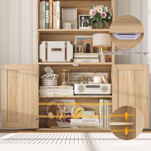 82" Tall Bookcase, Farmhouse Bookshelf with Doors,Light Oak, view 6
