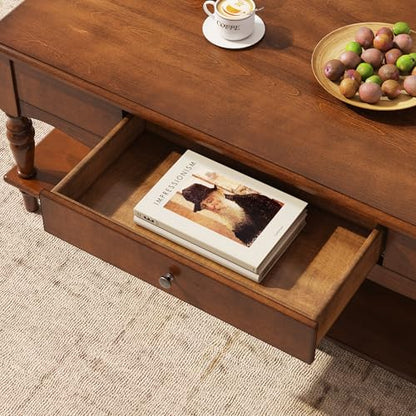Wooden Coffee Table with Drawers & Storage Shelf, Cherry Brown | 43.3x23.6x17.7in, Vintage Rectangle Center Table with 2 Drawers, Apartment Cocktail Table with Turned Legs for Living Room