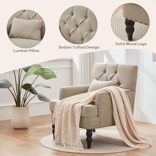 Tufted Club Chair Set of 2 with Lumbar Pillow,Accent Chair Upholstered Button Armchair, Linen Fabric Sofa Chairs for Bedroom, Living Room, Mid Century Modern Reading Chair,Brown