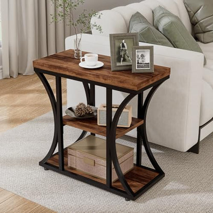 3 Tier End Table with Storage, Narrow End Table for Living Room and Bedroom, Small Space Wood and Metal Side Table, Rustic Brown