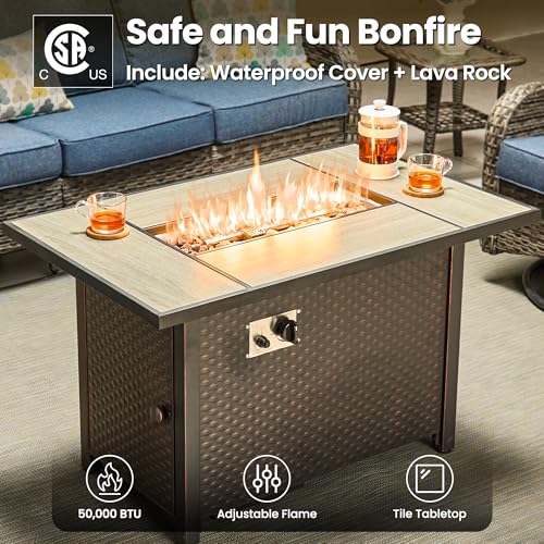 5-Piece Patio Furniture Set with Swivel Chairs Side Table, Outdoor Wicker Sofa with 42" Fire Pit Table, High Back Couch Modern Conversation Sets, Grey/Denim Blue