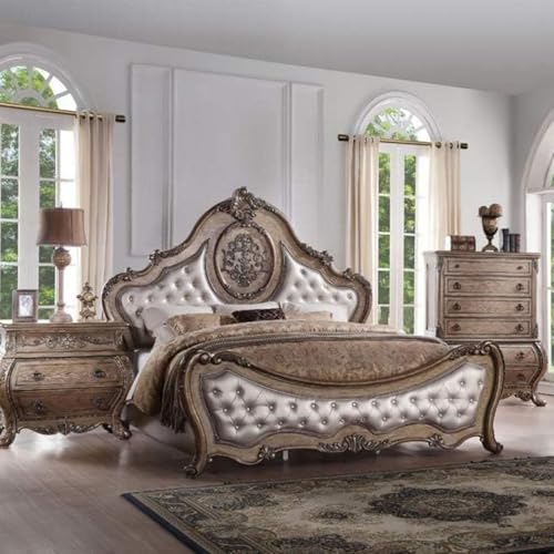 Ragenardus Queen Bed Synthetic Leather Upholstered Headboard Vintage Oak Carved Wood Frame Elegant Bedroom Furniture Luxury Design Sturdy Construction Classic Style Timeless Comfort