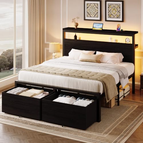 Queen LED Bed Frame, 2 Storage Drawers, Charging Station, Black, view 4