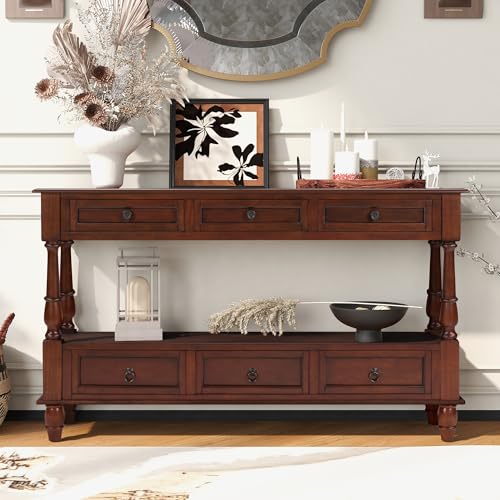 54'' Solid Wood Console Table, Farmhouse Entryway Table with 6 Drawers and Shelf, Narrow Long Sofa Table with Storage for Living Room Hallway, Couch, Foyer (Cherry)