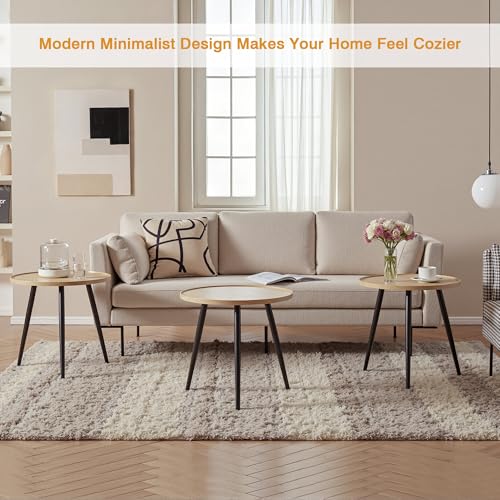 Modern Side Table, Round Small End Table, Exclusively Designed Hand-Crafted Small Nightstand, Solid Wood,Natural top with Black Metal Legsfor Bedrooms, Living Rooms and Home Office