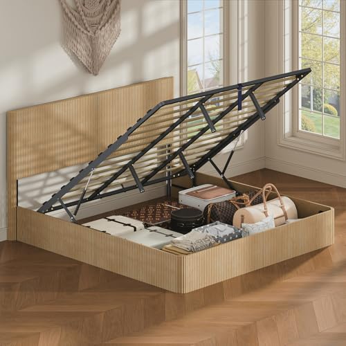 Fluted King Size Platform Bed Frame with Lift up Storage, Oak, view 6