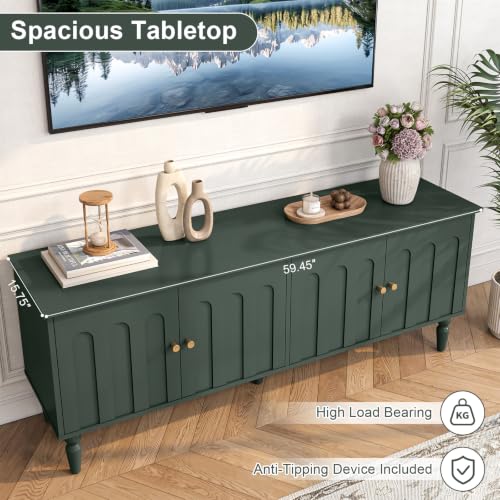 60" Mid-Centry Modern TV Stand with Storage, 4 Cabinet, Green, view 5