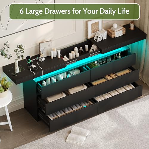 6 Drawer Dresser for Bedroom Black Dresser with Hidden Sliding Desktop, view 4