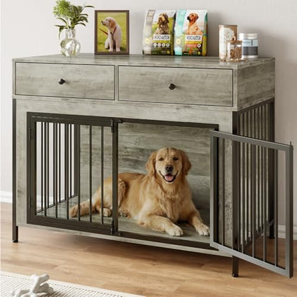 Large Dog Crate Furniture Wooden Dog Kennel Furniture with 2 Drawers, Grey, view 3