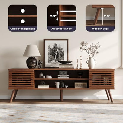 61" Mid Century Modern TV Stand for 50/55/60/70 inch TV, TV Media Console with Slatted Doors for TVs up to 70", Entertainment Center with Storage for Living Room, Bedroom, Walnut