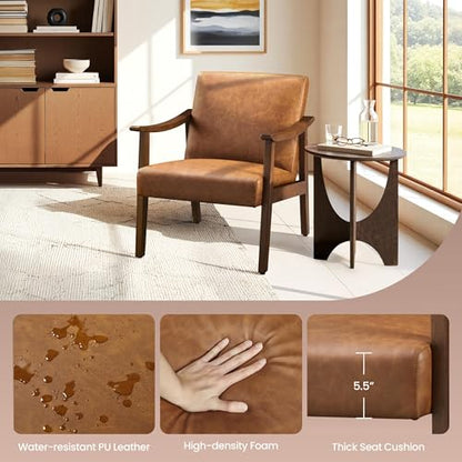 Yaheetech PU Leather Accent Chair, Mid-Century Modern Armchair with Solid Wood Legs, Reading Leisure Chair with High Back for Living Room Bedroom Waiting Room, Brown