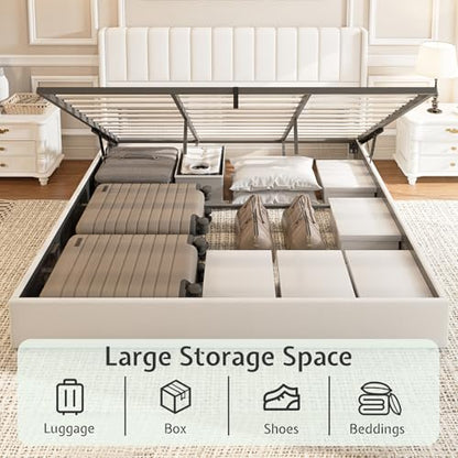 King Lift Up Storage Bed with Linen Wingback Headboard, White, view 4