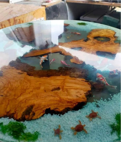 Artistic Aquatic Epoxy Resin Round Coffee Table with Koi Fish Dining Table for 2, 4, 6, 8 Living Room Table, End/Side Table, Bar Table Home Décor (30" Inches Tall, 36 x 36 Inches)