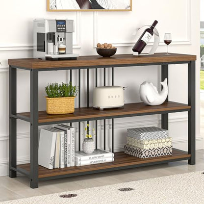 Console Table for Entryway, Narrow Sofa Table with 3 Tier Storage Shelf for Living Room Hallway Behind Couch, Rustic Walnut