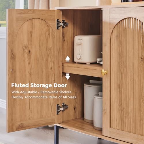 Modern Sideboard Buffet Cabinet, 34" Tall Fluted Arched Buffet Cabinet with Storage and Adjustable Shelves, Wooden Modular Coffee Bar Cabinets for Kitchen, Entryway, Natural