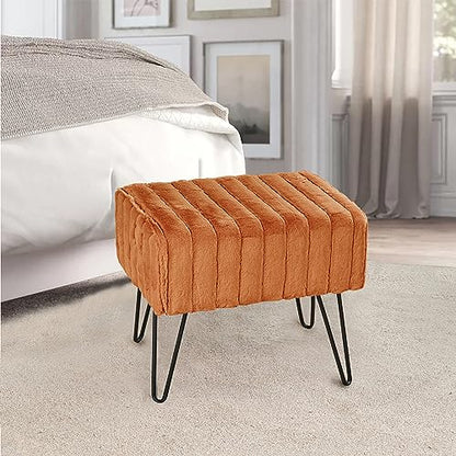 Super Mink Faux Fur Orange Ottoman Bench, 19" x 13" x 17" H, Honey Ginger, Living Room Foot Rest Stool Entryway Makeup Bench End of Bed Bedroom Home Decor Chair for Sitting