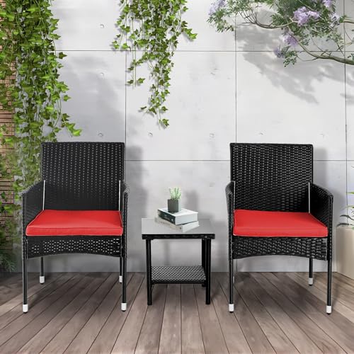 PayLessHere Set of 3 Outdoor Furniture Set Heavy Duty Patio Furniture Set Sturdy Conversation Set with 2 Rattan Chairs Glass Top Coffee Table Seat Cushions for Coffee Bar Poolside Patio Outdoor, Red