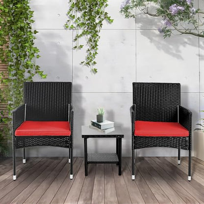 PayLessHere Set of 3 Outdoor Furniture Set Heavy Duty Patio Furniture Set Sturdy Conversation Set with 2 Rattan Chairs Glass Top Coffee Table Seat Cushions for Coffee Bar Poolside Patio Outdoor, Red