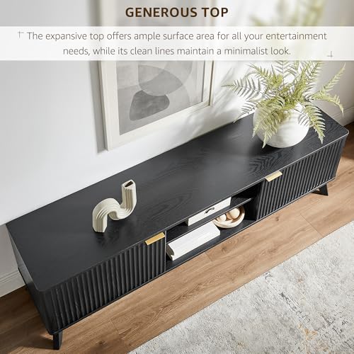 70" Mid-Century Modern Fluted TV Stand, 2 Soft-Close Doors, Black Oak, view 6
