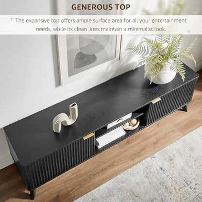 70" Mid-Century Modern Fluted TV Stand, 2 Soft-Close Doors, Black Oak, view 6