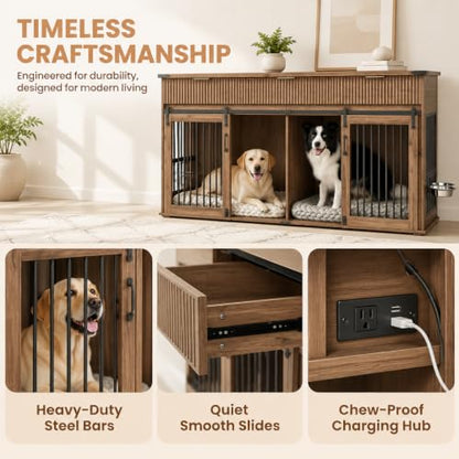 71" Double Dog Crate Furniture, Walnut Furniture Crate with Dividers., view 4