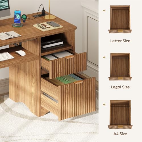 55 Inch Computer Desk with Drawers, Power Outlet, Brown Oak, view 6