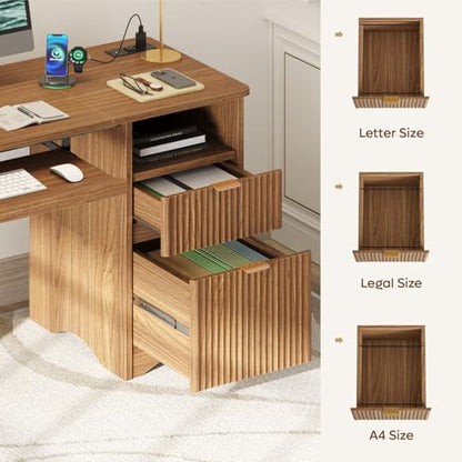 55 Inch Computer Desk with Drawers, Power Outlet, Brown Oak, view 6