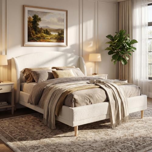 Queen Upholstered Bed Frame with Wingback Headboard, Cloud Boucle Platform Bed, view 2