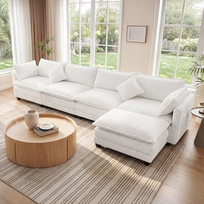 143" L Shaped Modular Sectional Sofa, Comfy Corduroy Upholstered Modular Sectional Couches for Living Room, Modern Cloud Couch with Ottoman Deep Seat, Warm White