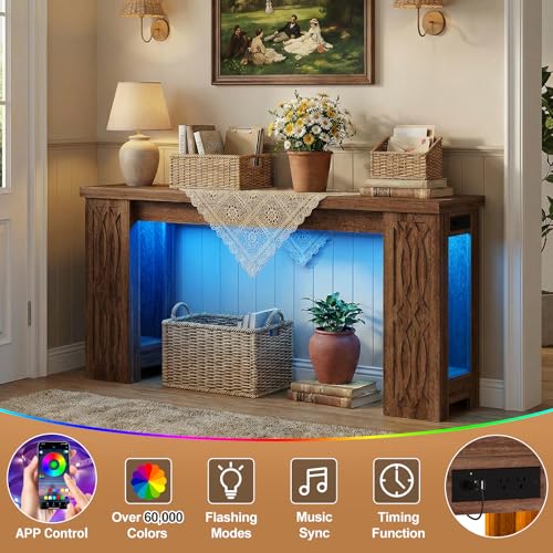 63" Console Table with Outlet, Farmhouse Entryway Table with Colorful LED Lights, Wooden Sofa Table with Unique Carved Design, Foyer Accent Table for Entrance, Hallway, Living Room