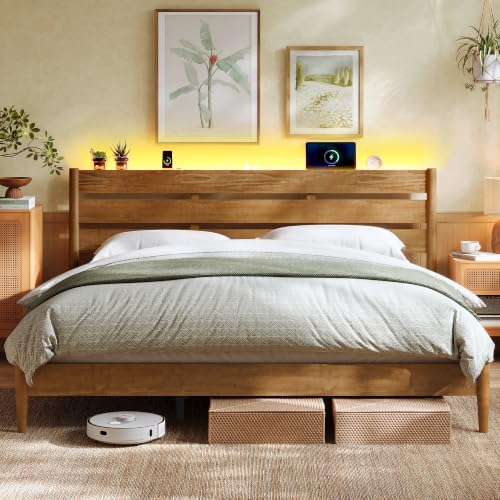 King Bed Frame, Wood Platform Bed with Headboard Storage Shelf, view 2