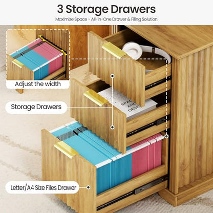 Computer Desk with Monitor Stand, 47 inch Home Office Desk with RGB LED Lights and Power Outlets, Writing Desk with Storage File Drawer for Working Gaming Writing, Wood