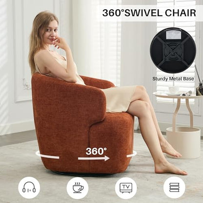 Swivel Accent Chair, Chenille Barrel Chair for Living Room, Cozy Round Boucle Arm Chair, Metal Base for Club Nursery Bedroom, Orange